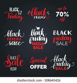 Vector handwritten Black Friday calligraphy set: Special Offer, Up To 70% Off, Mega Sale etc. Lettering collection for discount cards or advertising posters etc.