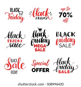 Vector handwritten Black Friday calligraphy set: Special Offer, Up To 70% Off, Mega Sale etc. Lettering collection for discount cards or advertising posters etc.