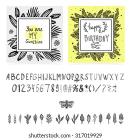 Vector Handwritten black ink alphabet with numbers and symbols, design elements and two typographical poster