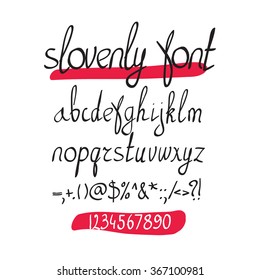 Vector handwritten brush alphabet with numbers and symbols on white background. Hand drawn calligraphic font. Stylized Lettering