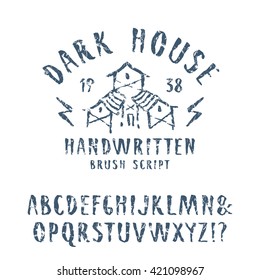 Vector handwritten brush font in horror style. Blue print with shabby texture on white background