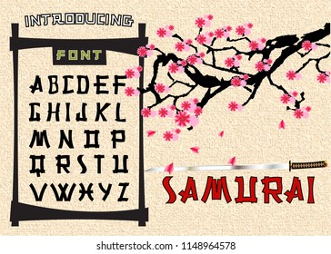 Vector handwritten brush font. Japanese style Typeface. Retro ABC. Hand Made Asian Alphabet. English letters and numbers. Original Design. Vector Illustration. Katana, Sakura, hieroglyphs.