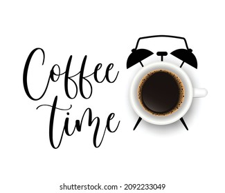 Vector handwritten brush lettering Coffee Time with realistic coffee mug. Trendy illustration with calligraphy quote. Creative poster for cafe menu design, banner isolated on white background