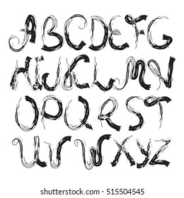 Vector handwritten brush script. Black letters isolated on white background. Unique hand drawn alphabet illustration