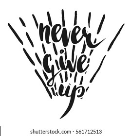 Vector handwritten brush script. Black letters isolated on white background. Never give up with burst