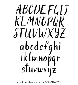 Vector handwritten brush script, calligraphy alphabet on white background. Hand drawn letters.