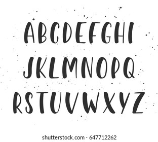 Vector handwritten brush script. English alphabet. ABC painted letters, modern ink lettering. Hand drawn calligraphic font for postcard, logo design, poster, decoration, print, greeting card.