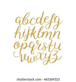 Vector handwritten brush script with gold glitter, shine alphabet on white background. Hand drawn letters