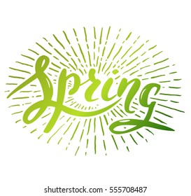 Vector handwritten brush script. Green letters isolated on white background. Spring with sun burst
