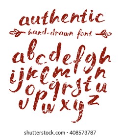 Vector handwritten brush script with shabby texture. Red letters isolated on white background