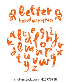 Vector handwritten brush script with shabby texture. Orange letters isolated on white background
