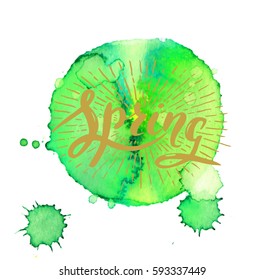 Vector handwritten brush script. Spring with sun burst on watercolor background