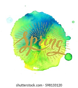 Vector handwritten brush script. Spring with sun burst on watercolor background