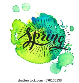 Vector handwritten brush script. Spring with sun burst on watercolor background