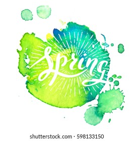 Vector handwritten brush script. Spring with sun burst on watercolor background