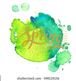 Vector handwritten brush script. Spring with sun burst on watercolor background