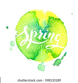 Vector handwritten brush script. Spring with sun burst on watercolor background