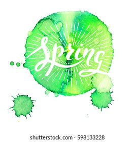 Vector handwritten brush script. Spring with sun burst on watercolor background