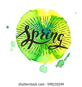 Vector handwritten brush script. Spring with sun burst on watercolor background