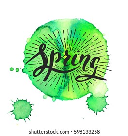 Vector handwritten brush script. Spring with sun burst on watercolor background