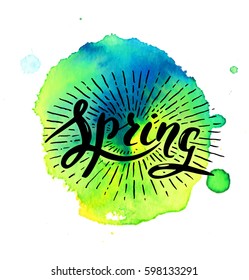 Vector handwritten brush script. Spring with sun burst on watercolor background