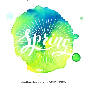 Vector handwritten brush script. Spring with sun burst on watercolor background