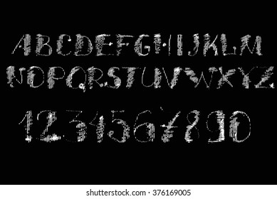 Vector handwritten brush script. White and black letters. Vector alphabet. Hand drawn letters written with a brush. Hand drawn brush stroke font. Calligraphic font with numbers, ampersand and symbols.