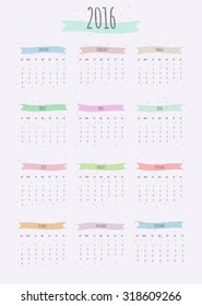 Vector handwritten calendar 2016. Background with spots of ink and colorful ribbon tag