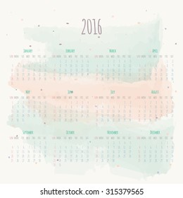 Vector handwritten calendar 2016 with isolated watercolor brush strokes and ink spots