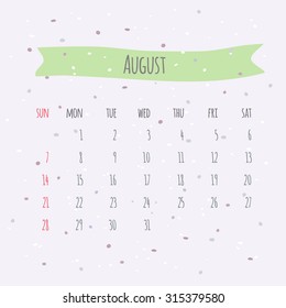 Vector handwritten calendar August 2016. Background with spots of ink and ribbon tag