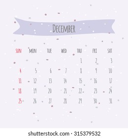 Vector handwritten calendar December 2016. Background with spots of ink and ribbon tag