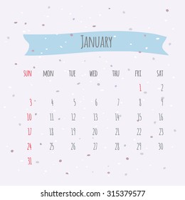 Vector handwritten calendar January 2016. Background with spots of ink and ribbon tag
