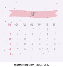 Vector handwritten calendar July 2016. Background with spots of ink and ribbon tag