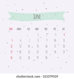 Vector handwritten calendar June 2016. Background with spots of ink and ribbon tag