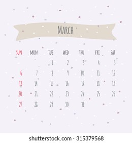 Vector handwritten calendar March 2016. Background with spots of ink and ribbon tag
