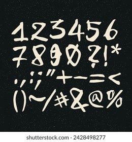 Vector handwritten calligraphic ink alphabet, numbers and symbols, white on black background. Hand drawn alphabet written with brush pen.