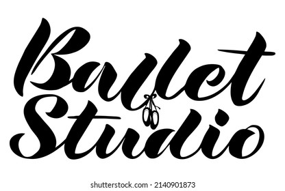 vector handwritten calligraphic inscription Ballet Studio with the image of pointe shoes in black on a white background