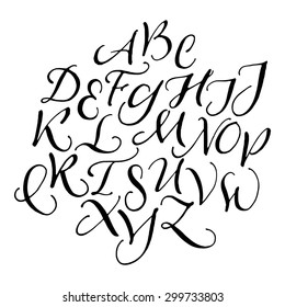 Vector handwritten calligraphic script letters. Black ink uppercase letters alphabet.