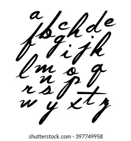 Vector handwritten calligraphic script letters. Black ink uppercase letters alphabet.