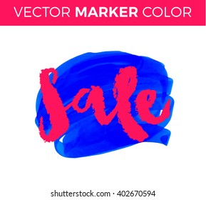 Vector handwritten calligraphy inscription on blue grunge watercolor stain background - Sale. Isolated on white background. Sale lettering marker.