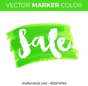 Vector handwritten calligraphy inscription on blue grunge watercolor stain background - Sale. Isolated on white background. Sale lettering marker.