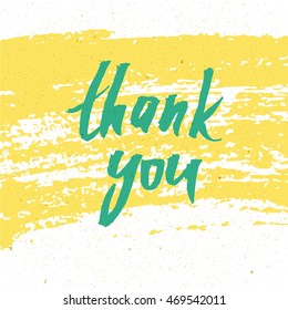 Vector handwritten calligraphy inscription on yellow grunge watercolor stain background - Thank you.