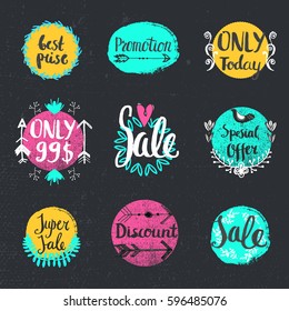 Vector handwritten calligraphy sale set Special Offer, only today, best price, promotion, discount, etc. Lettering collection for cards, advertising posters with hand drawn swirls, floral elements.