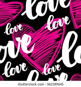 Vector handwritten calligraphy seamless pattern with sign LOVE 