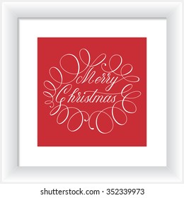 Vector handwritten Christmas calligraphy with words Merry Christmas on red background with frame 