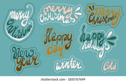 Vector handwritten christmas lettering. Hand drawn illustration isolated on green background. Template for greeting card, sticker pack, print, poster, banner. Holiday celebration season.