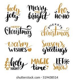 Vector handwritten Christmas and New Year calligraphy set with festive decorations: Merry and Bright, Warm Wishes, Season Greetings, Holy Night, Holly Jolly, Magic Time, Let It Snow.