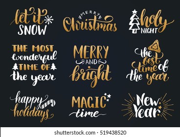 Vector handwritten Christmas and New Year calligraphy set with festive decorations: Merry and Bright, Warm Wishes, Holy Night, Holy Night, Magic Time, Let it Snow.