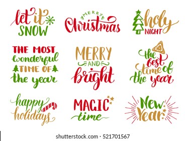 Vector handwritten Christmas and New Year calligraphy set with festive decorations.: Merry and Bright, Magic Time, Holy Night, Happy Holidays, Magic Time, Let it Snow.