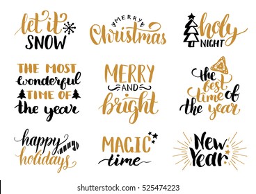 Vector handwritten Christmas and New Year calligraphy set with festive decorations.: Merry and Bright, Magic Time, Holy Night, Happy Holidays, Magic Time, Let it Snow.